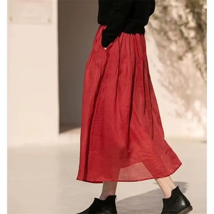 Jupe plissée A-Line pour femmes, mi-longue, décontractée, en coton et lin, polyvalente, pour été, avec poche, silhouette une ligne