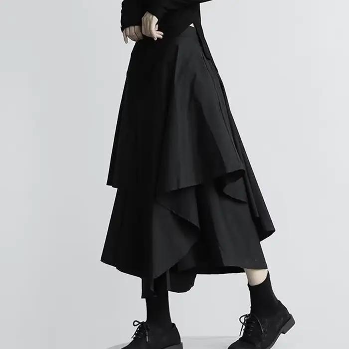 Femmes jupes noires japonais gothique irrégulière taille haute jupe plissée pantalon