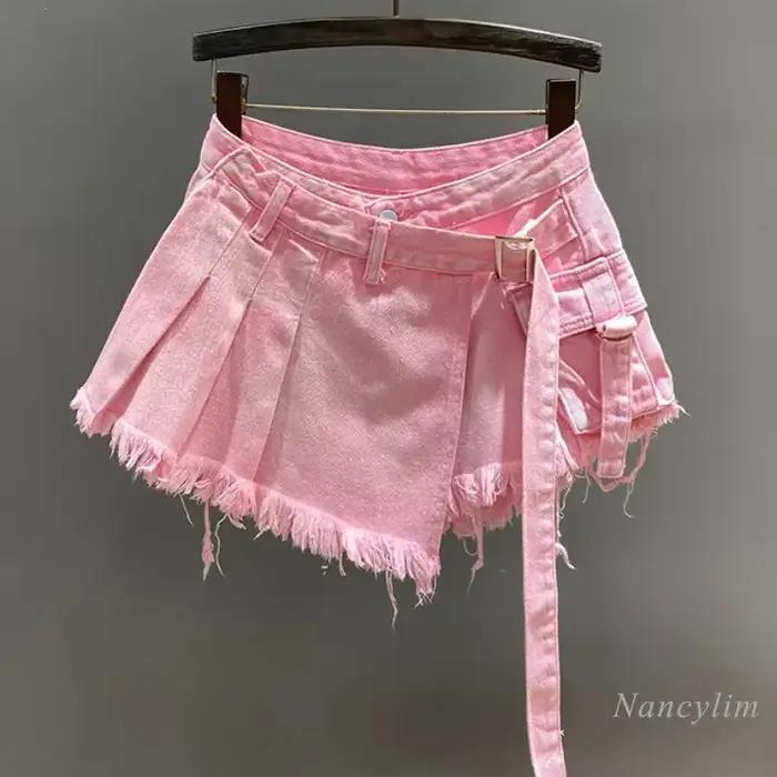 Mini jupe en jean rose irrégulière pour femme
