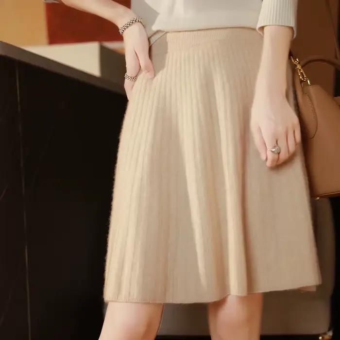 Femmes élégantes 100% laine tricoté jupe mode coréenne solide décontracté une ligne dames plissée