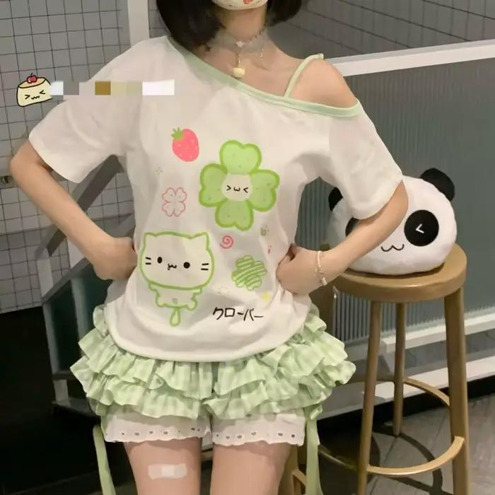 Jupe et Short à Carreaux Verts Femme Style Kawaii Polyvalent Occasions Estivales Japonais Mince Taille Élastique