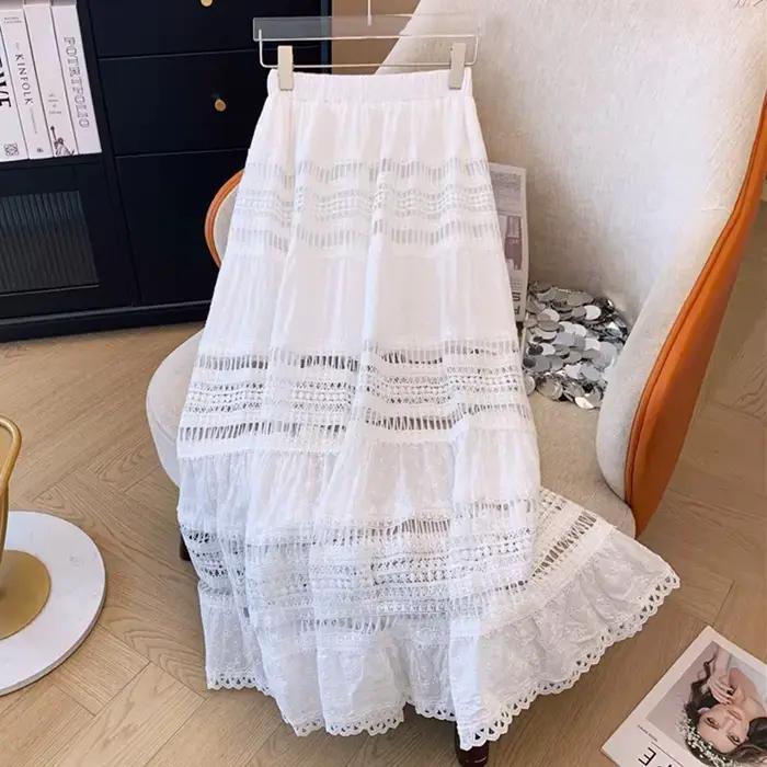 Jupe Maxi Découpée À Œillets Brodés En Polyester Style Bohème Pour Vacances D'été Occasions Spéciales