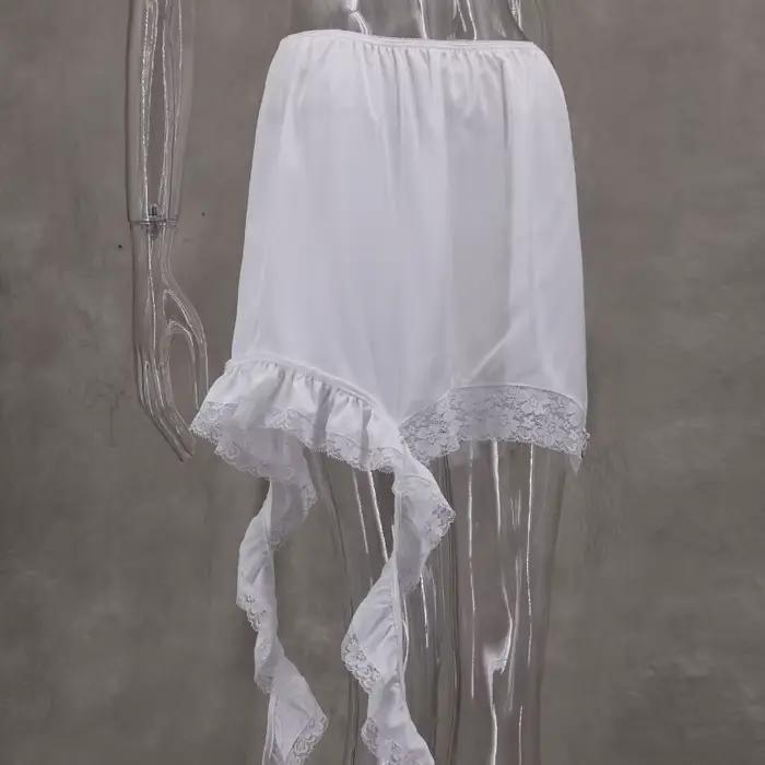 Sexy dentelle blanc asymétrique jupes mi-longues rue Chic Satin taille haute jupe mince été décontracté solide
