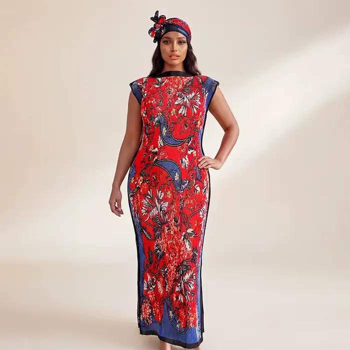 Robe longue africaine avec écharpe, style streetwear, motif géométrique, polyester, sans manches, longueur cheville, décolleté rond, adaptable pour femmes occasions spéciales