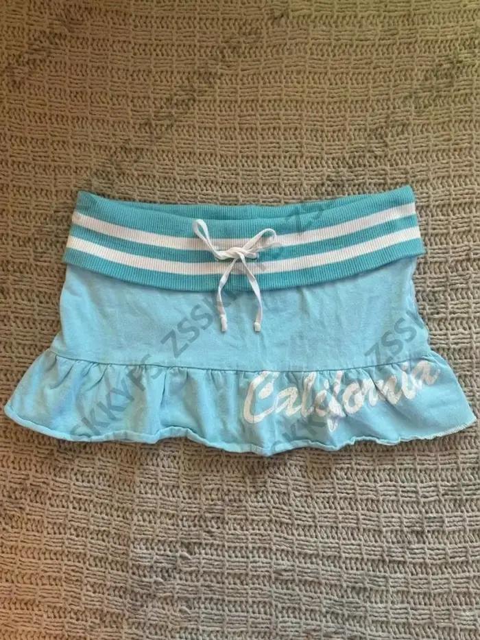 Jupe courte Himekaji japonaise vintage sexy pour femme, taille basse, style plage, été, Y2K, à volants, avec lettres, streetwear, mode fille branchée