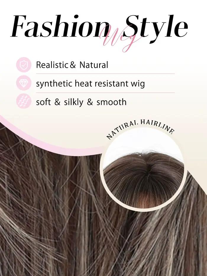 Perruque longue et droite ombrée blond-brun pour femmes avec frange douce, en fibre synthétique résistante à la chaleur, aspect naturel pour usage quotidien et cosplay