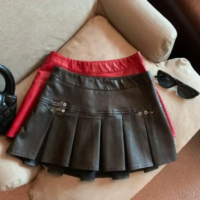 Jupe plissée en cuir PU américain pour femmes