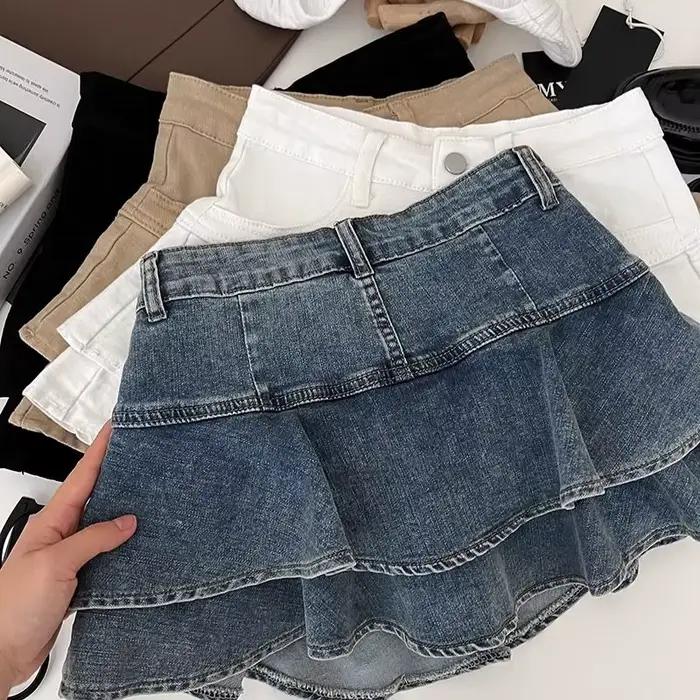 Jupe courte en jean plissée Double couche