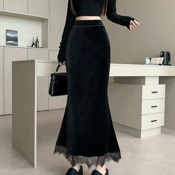 Jupe en velours polyvalente pour femmes, style Y2K, streetwear coréen, silhouette trompette, dentelle, saison automne-hiver, confort, occasions spéciales