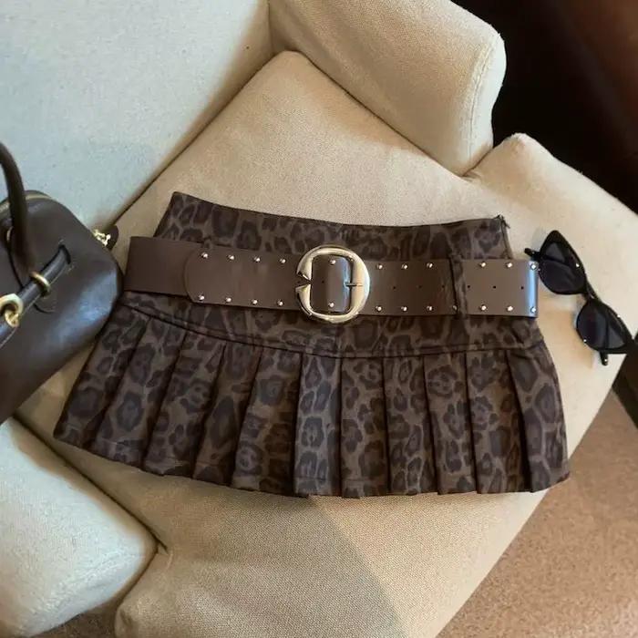 Jupe plissée taille haute et anti-éblouissement imprimé léopard américain pour filles chaudes