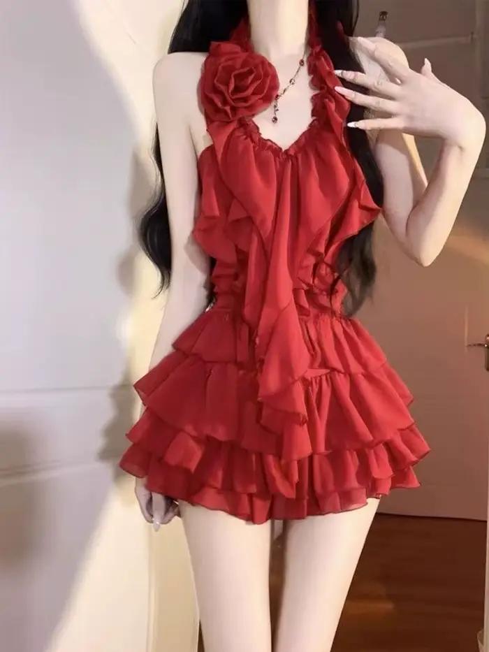 Sexy à volants coupe ajustée licou femmes hauts Mini jupe 2 pièces ensemble fille chaude Style Design mode Chic fête soirée nouveau