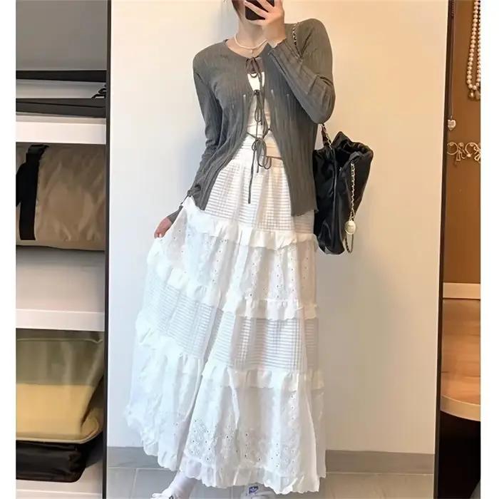 Printemps automne dentelle volants a-ligne jupes longues pour les femmes élégantes