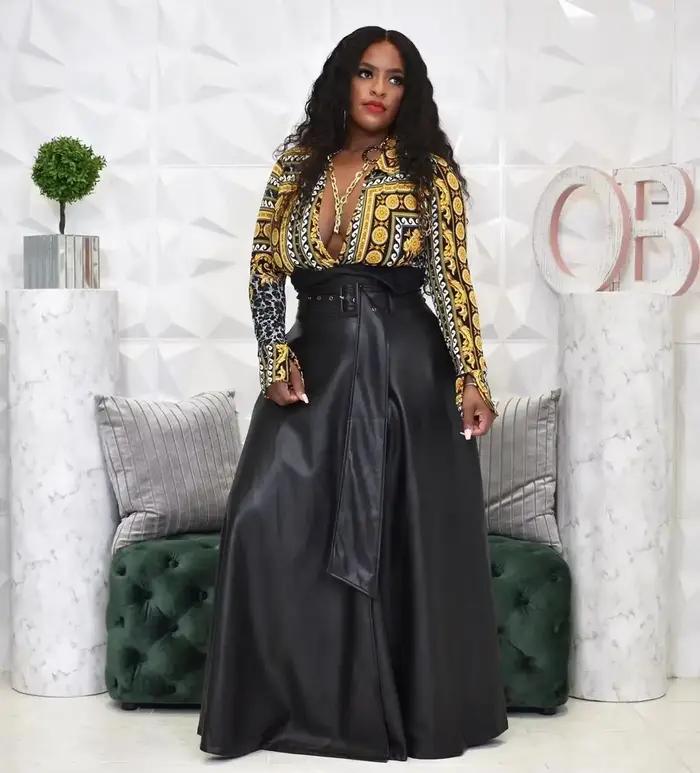 Jupe haute en simili cuir pour femmes, style high street, coupe empire, longueur cheville, matériau PU, ajustement lâche, idéale pour carnavals et soirées festives