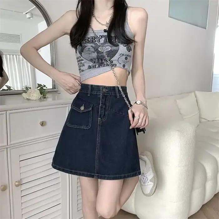 Jupe en jean femme rétro bleu taille haute