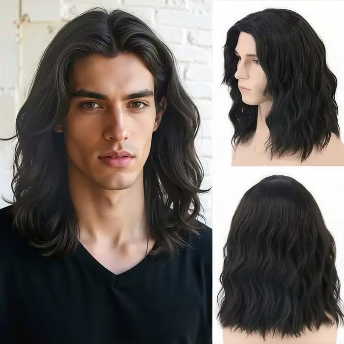 Perruque longue bouclée noire pour homme, style classique et tendance, perruque en fibre synthétique noire, style rock adapté à un usage quotidien