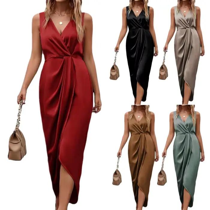 Robe longue élégante double face tendance 2026, col en V, sans manches, fente asymétrique, pour femme, collection Printemps-Été