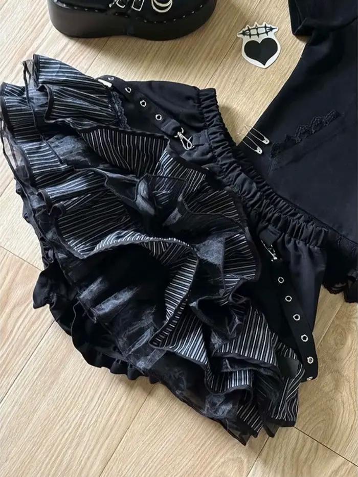 Harajuku filles rayure Punk Grunge jupes femmes Y2k esthétique taille haute gâteau Mini Streetwear dentelle Vintage