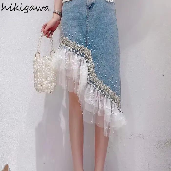 Jupe en jean femmes Patchwork dentelle douce
