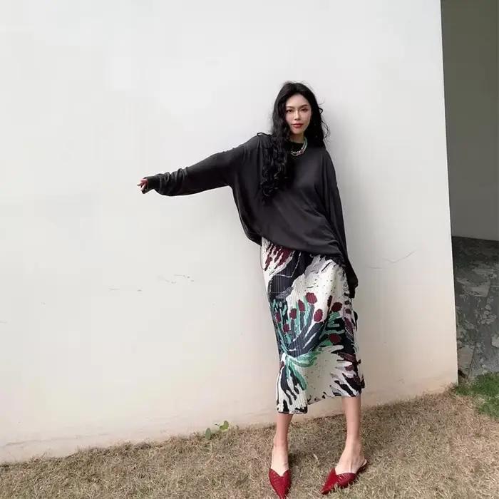 Jupe mi-longue à imprimé floral vintage pour femmes