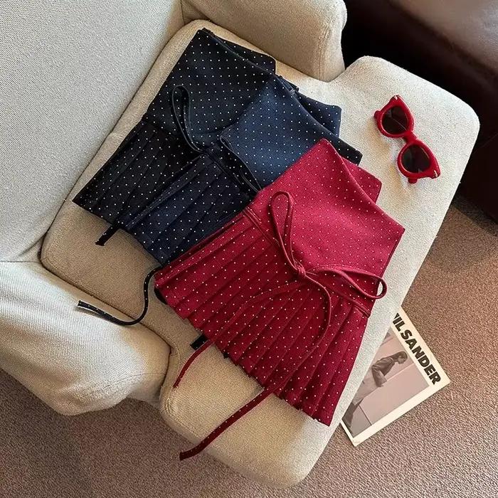 Jupe plissée à pois pour femmes, jupe rouge avec nœud papillon, un mot, 2026