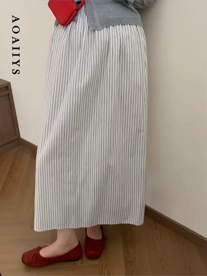 Jupe rayée Aoaiiys en polyester et coton, style vintage, ligne A, taille haute, pour femmes, nouvelles collections d'été ```