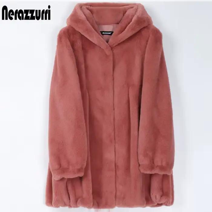 Manteau en fausse fourrure plissée Nerazzurri pour femme, veste légère et douce avec jupe à capuche, mode automne 2022, fourrure fine à la mode, taille large, design moderne, polyvalent, élégant, confortable