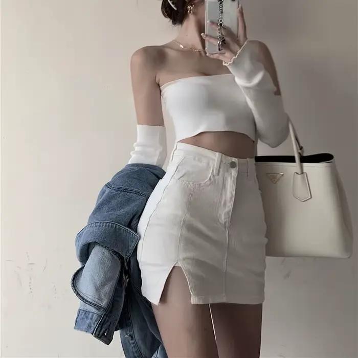 Jupe en jean vintage high-waisted fendue pour femmes, style coréen, mode courte, été, coupes ajustées, noir, bleu, blanc, gris