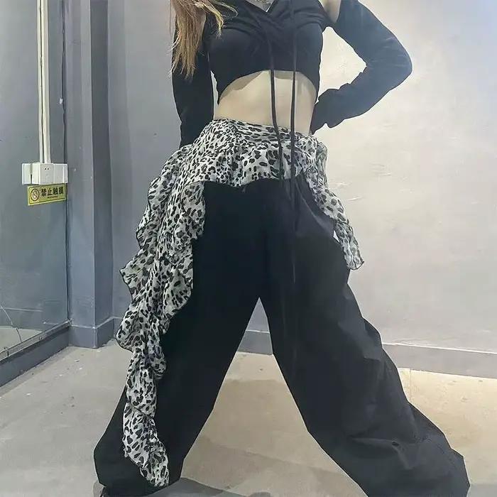 Jean pantalon décor léopard dentelle Mini jupe irrégulière Y2K Streetwear à lacets volants