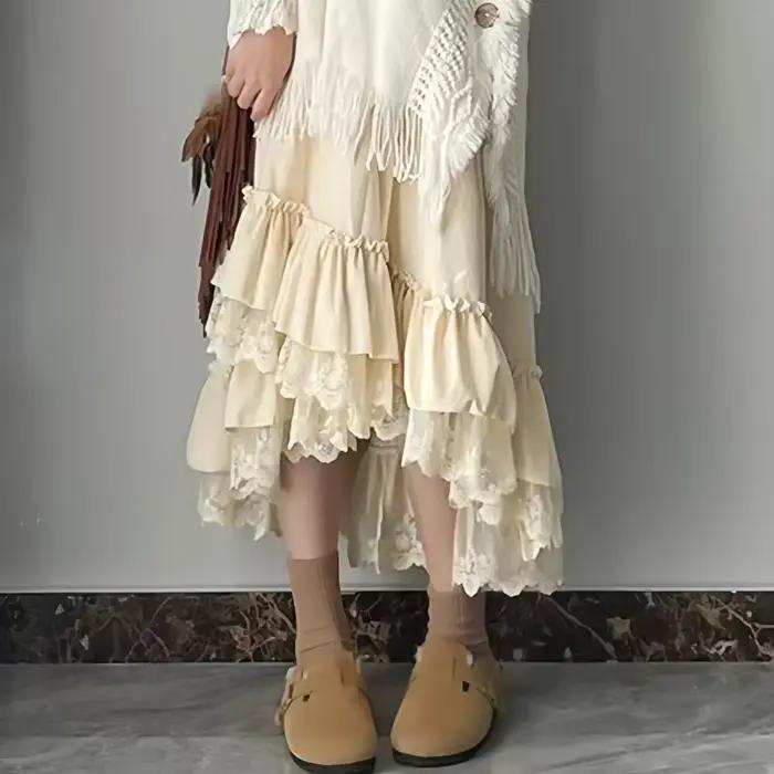 Jupes longues en dentelle à volants irréguliers vintage élégantes pour femmes automne hiver ligne a epaisse Y2K Mori filles