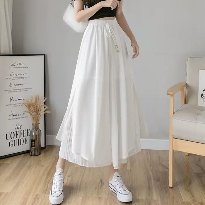 Jupe plissée en mousseline de soie pour femmes, taille haute, décontractée, jambes larges, mode streetwear, été, pantalon longueur cheville, confortable et respirante