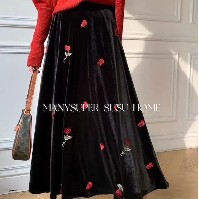 Nicemix automne/hiver nouvelle jupe rétro brodée rouge Rose velours pour les femmes Style français taille haute minceur a-ligne jupes longues