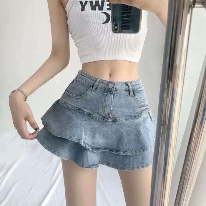 Jupe mini taille haute en jean pour femme