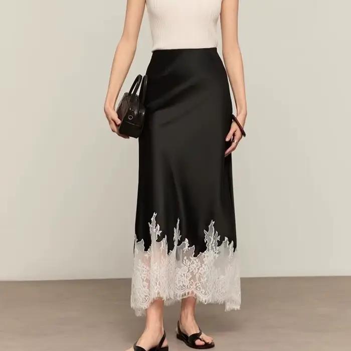 Jupe mi-longue en coton satin et dentelle élégante taille haute pour femmes, nouvelle collection été, occassions spéciales et vêtements de bureau ```