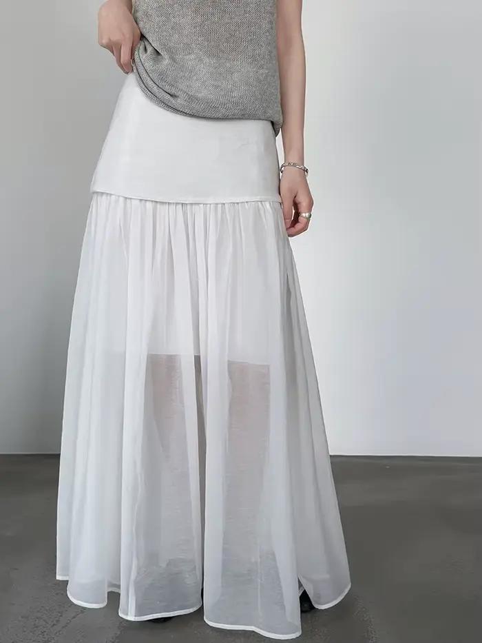 Jupe longue trapèze élégante à taille haute en maille grise et blanche pour femme, nouvelle collection printemps automne 2026, décontractée et polyvalente