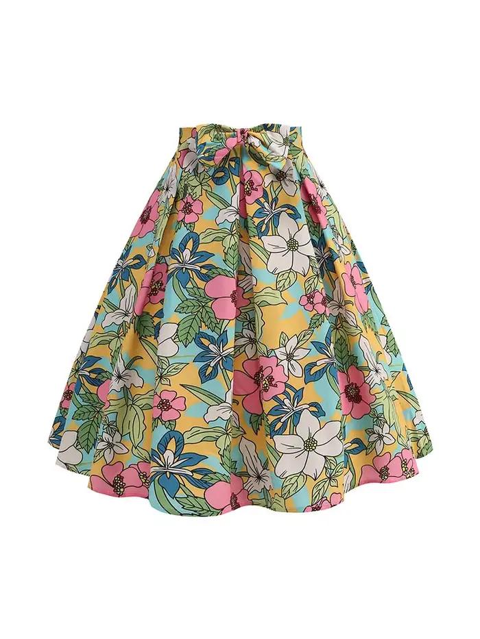 Jupe d'été imprimée florale femmes taille haute Swing années 50 Vintage rétro Rockabilly Midi jupes plissées Faldas