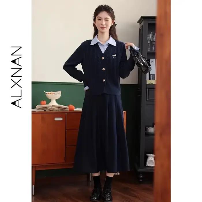 Jupe plissée élégante ALXNAN pour femme, collection Printemps 2026, coupe trapèze mi-longue, décontractée, bleu marine, vêtements de mode pour femme LXN315101BSQ