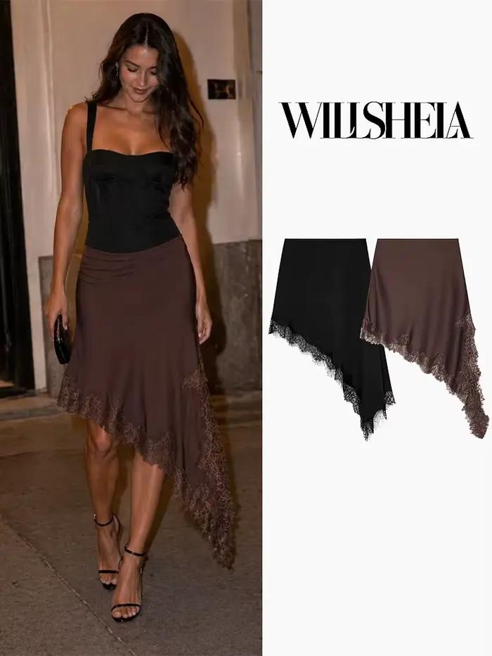 Willshela femmes mode solide dentelle ourlet asymétrique Mini jupe Vintage taille haute élastique femme Chic dame jupes