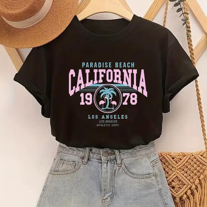 T-shirt d'été amusant pour femmes avec imprimé Los Angeles, col rond, manches courtes, style vintage années 90, vêtements pour filles