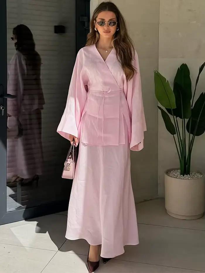 Mode col en v à lacets haut jupe femmes ensemble élégant solide longue chemise sans manches