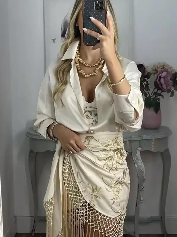 Mini jupe à franges brodée pour femmes
