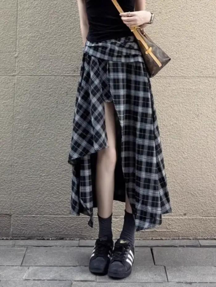 Jupe longue fendue à carreaux sexy pour femme