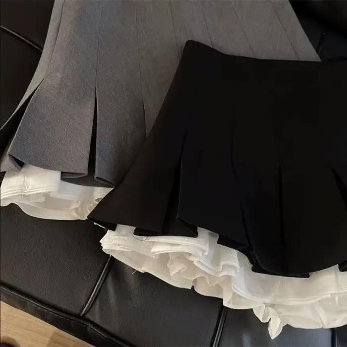 Mooyufon volants noir Mini jupe femmes coréen Patchwork jupes plissées japonais Kawaii taille haute tout Match une ligne