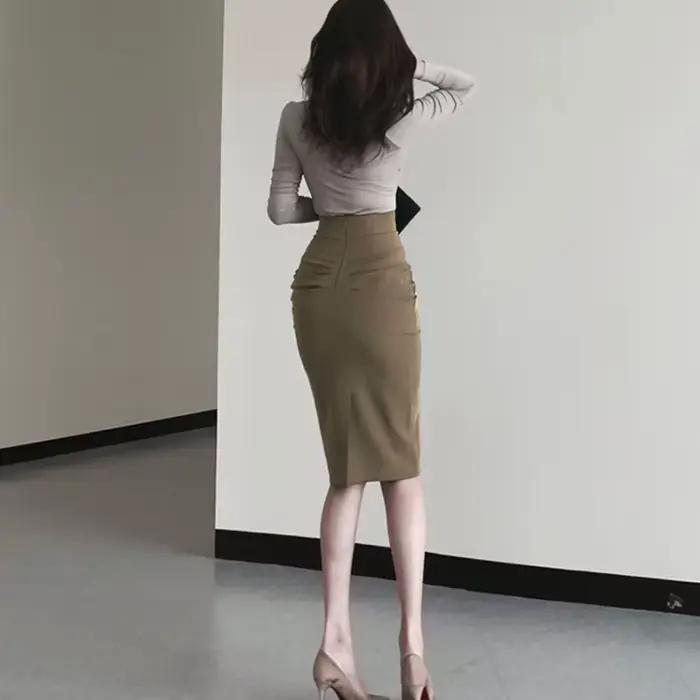 Dongdaemun coréen taille haute plissée minceur Sexy demi-longueur jupe femmes à la mode affaires décontracté Polyester mélange
