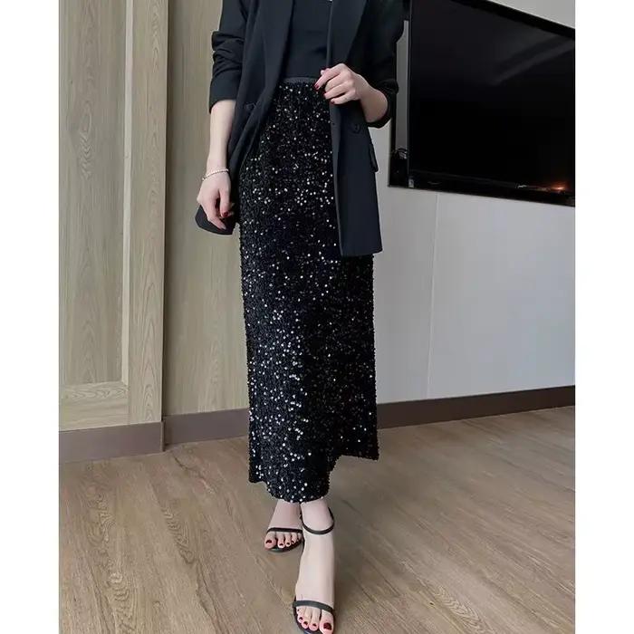 Jupe fendue à paillettes noires pour femmes