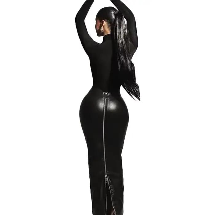 Jupe noire en PU Midi mode Sexy femmes taille haute élastique longue