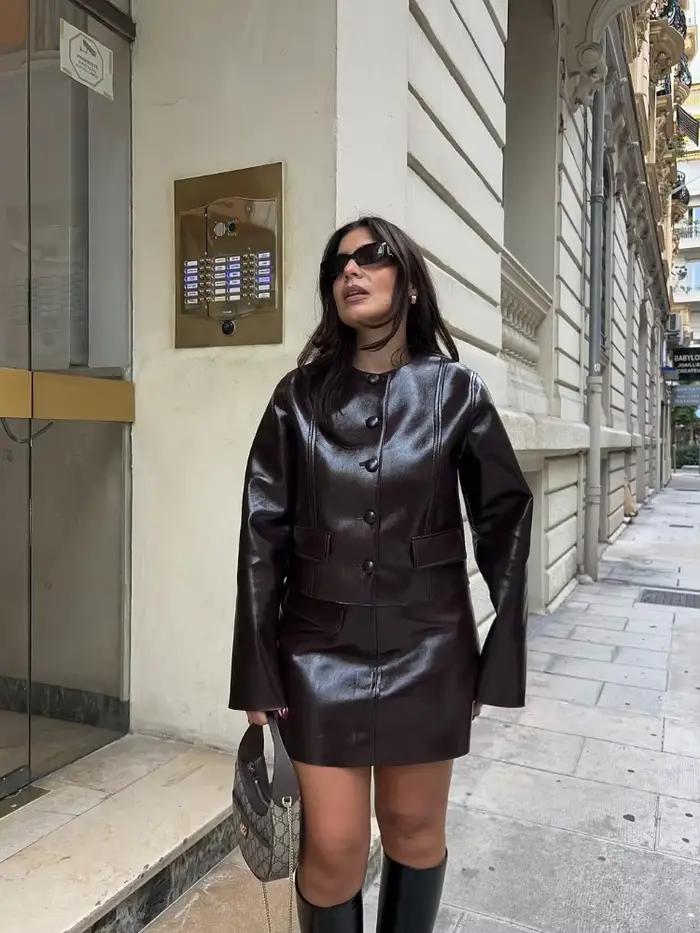Ensemble de Mini jupe en cuir pour femmes