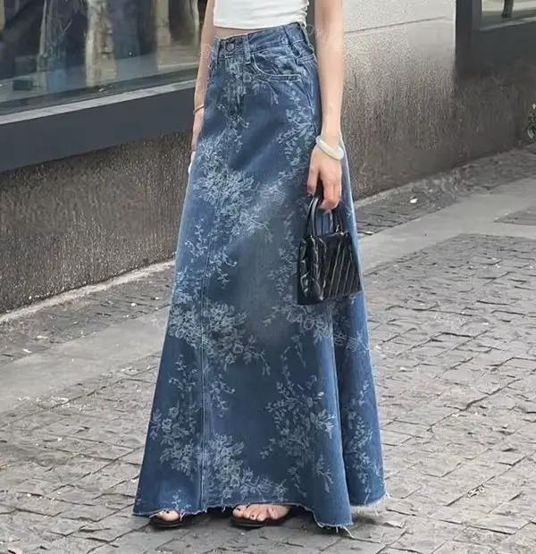 Jupe mi-longue en Denim à fleurs pour femmes