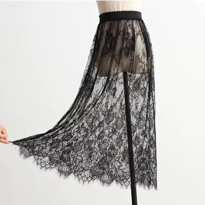 Transparent Sexy dentelle maille jupe élastique taille haute noir blanc Tulle Mini jupes femmes