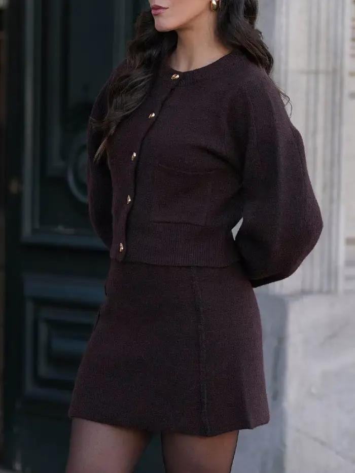 HH femmes jupe costume Chic col rond tricoté à manches longues simple boutonnage poche Cardigan + mode taille élastique