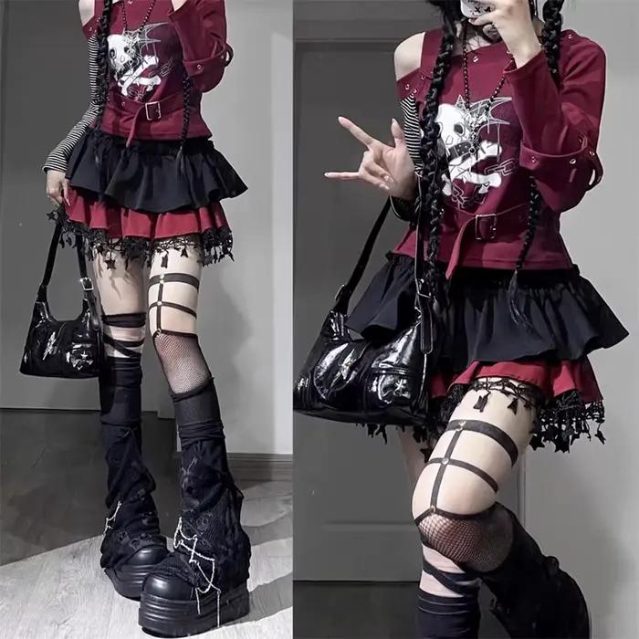 2025 2000s Punk noir rouge Kawaii à volants Mini jupes décontractées Patchwork taille haute gland robe de bal Kpop une ligne sous-culture jupe